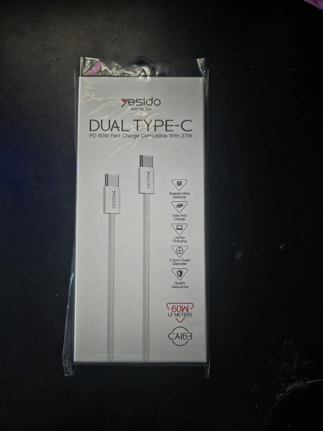 Yesido Dual Type-C PD 60W Fast Charge Cable - 2 Meters
