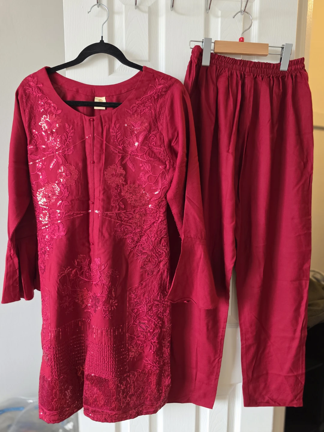 Red Embroidered Kurti and Pants Set