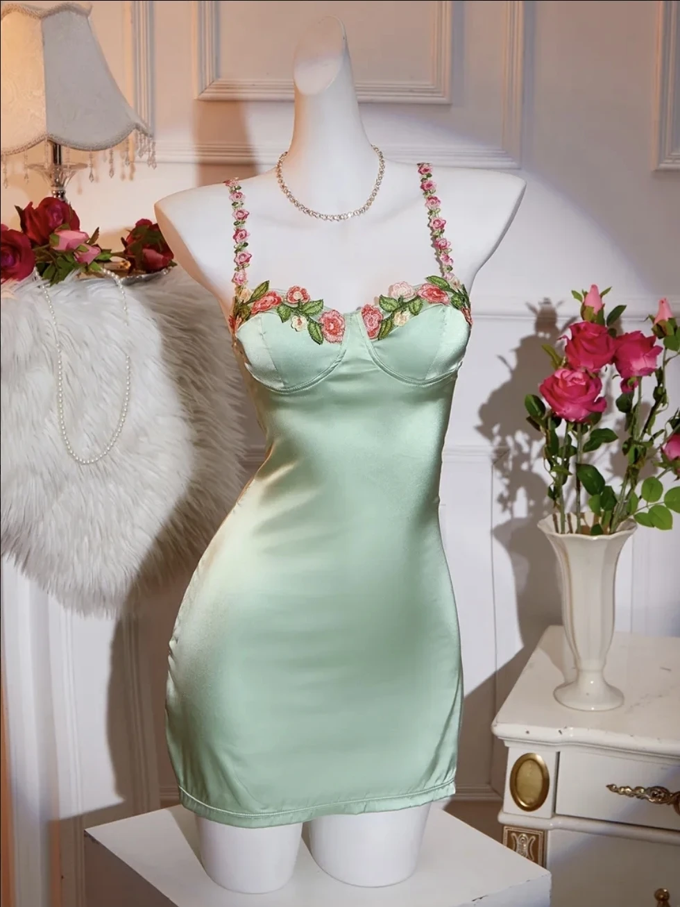 Light Green Satin Slip Dress with Floral Straps 🏆