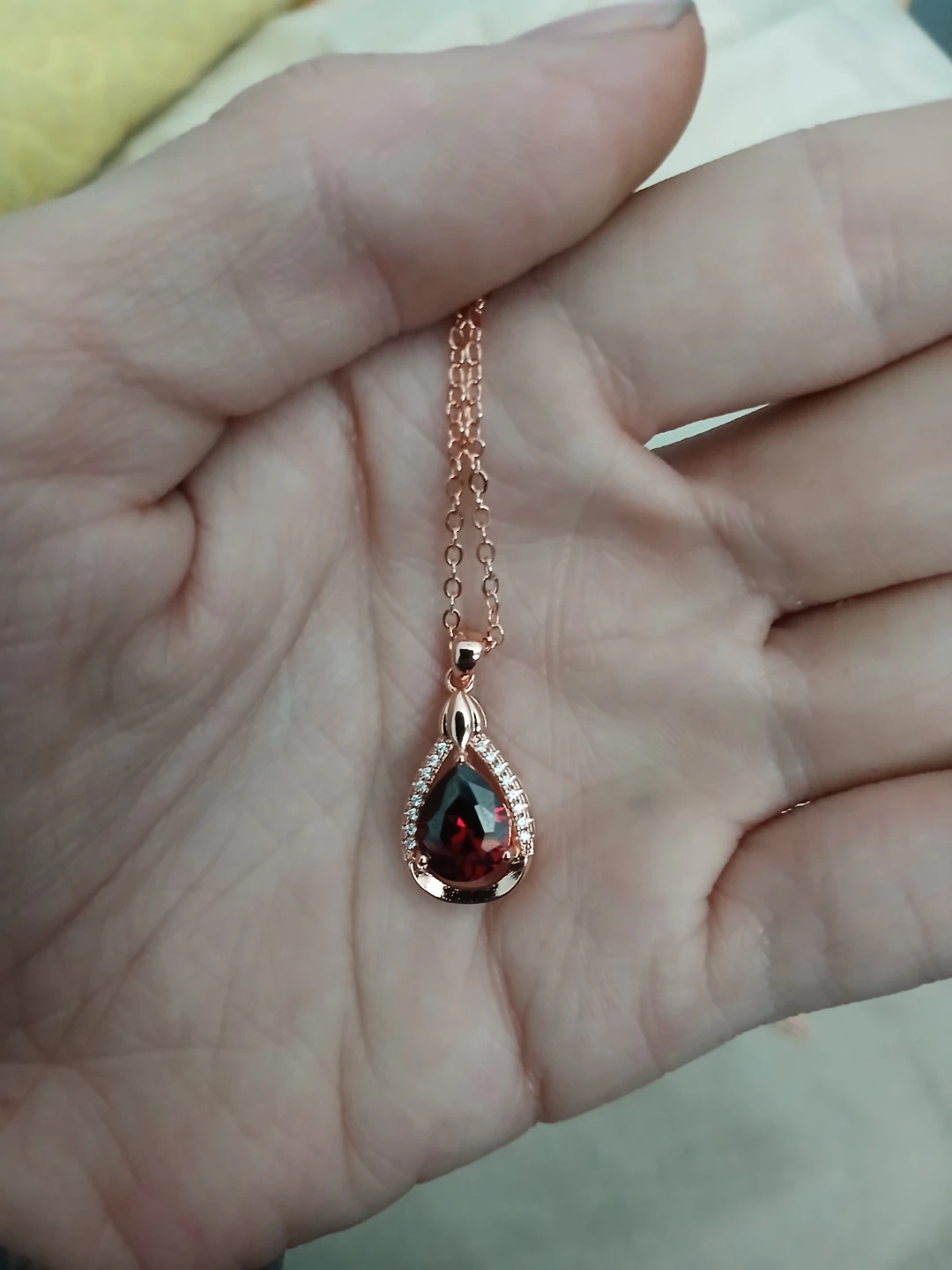 Rose Gold Plated Titanium Alloy And Garnet Pear Shaped Necklace