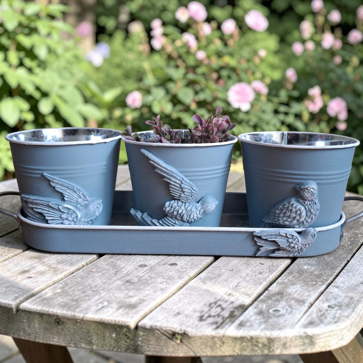 Set of 3 Decorative Bird Planters with Tray