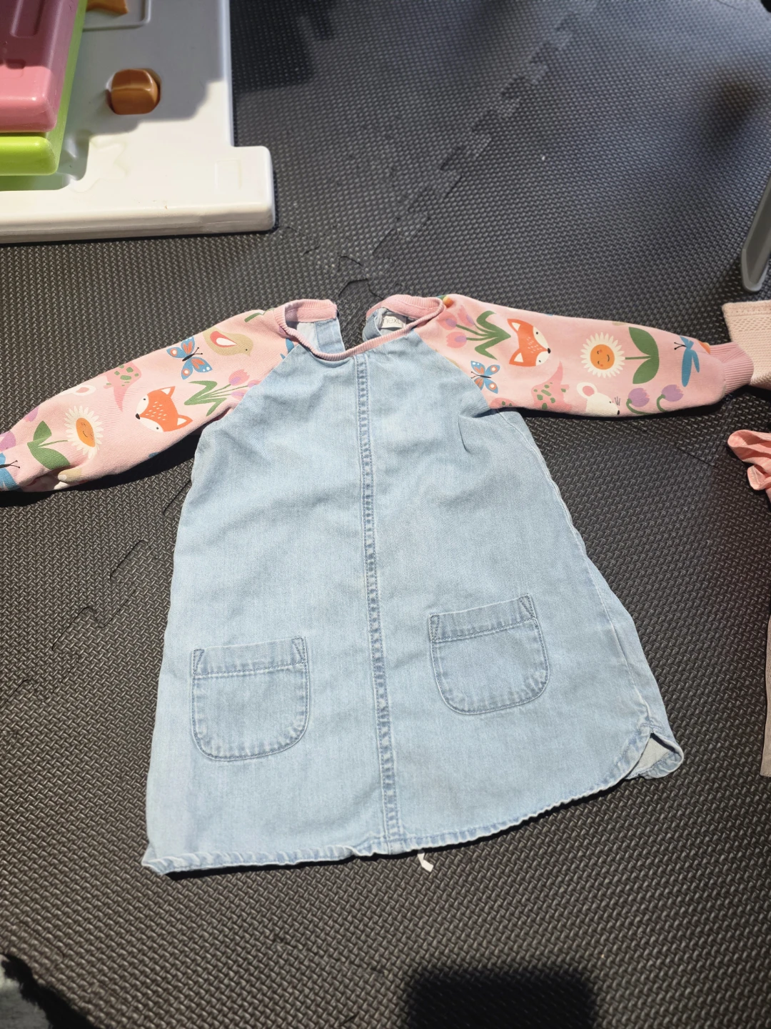 🏆Next Girls Denim Dress with Fox & Floral Print Sleeves