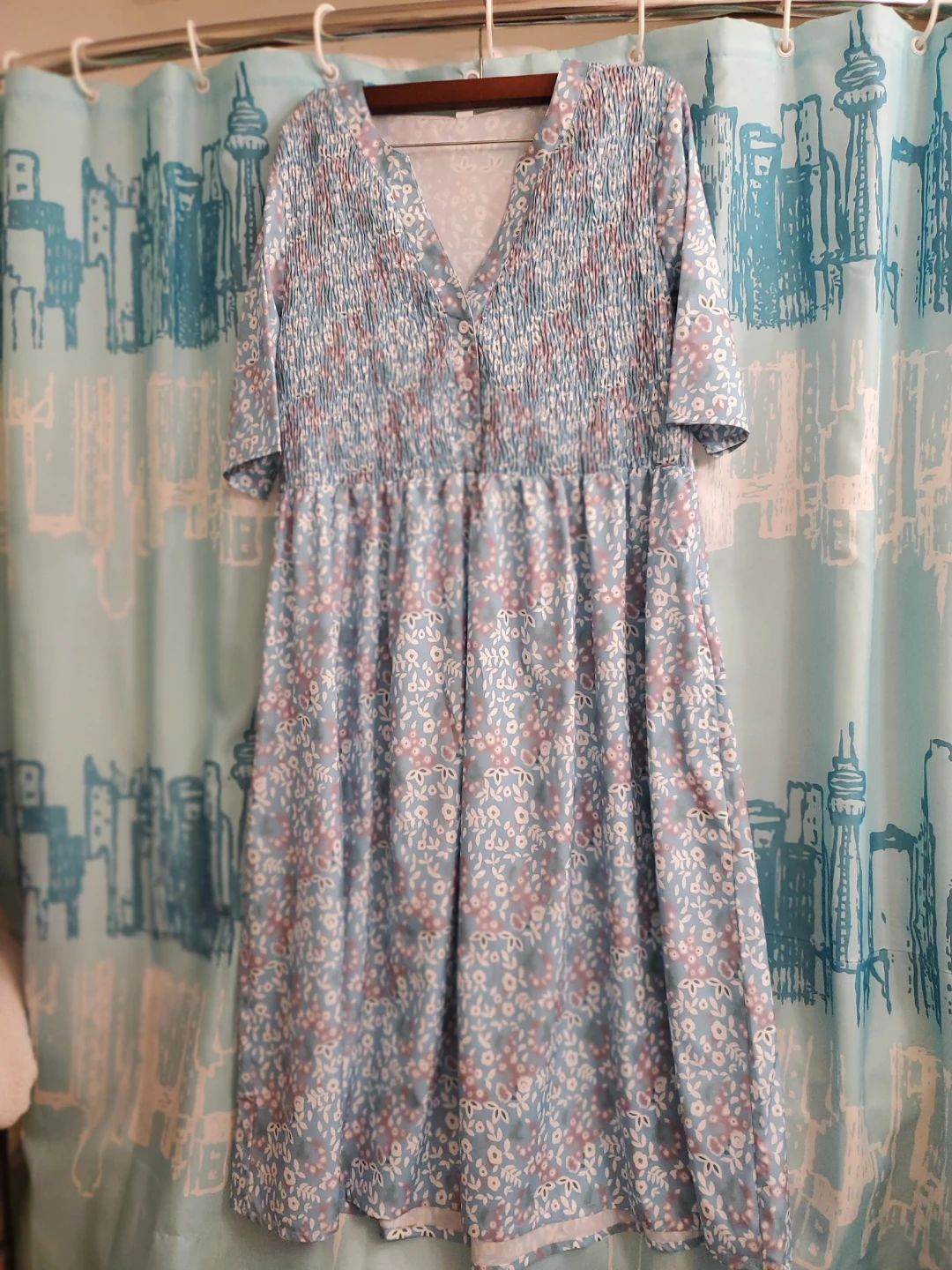 Blue floral midi dress with smocked bodice - photo 2