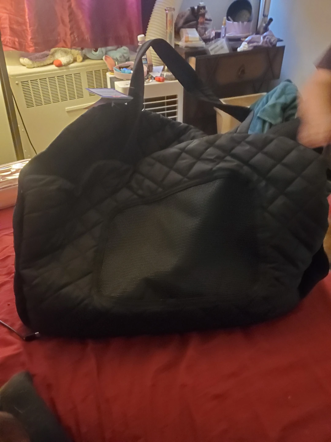 Black Quilted Duffel Bag with Mesh Panel