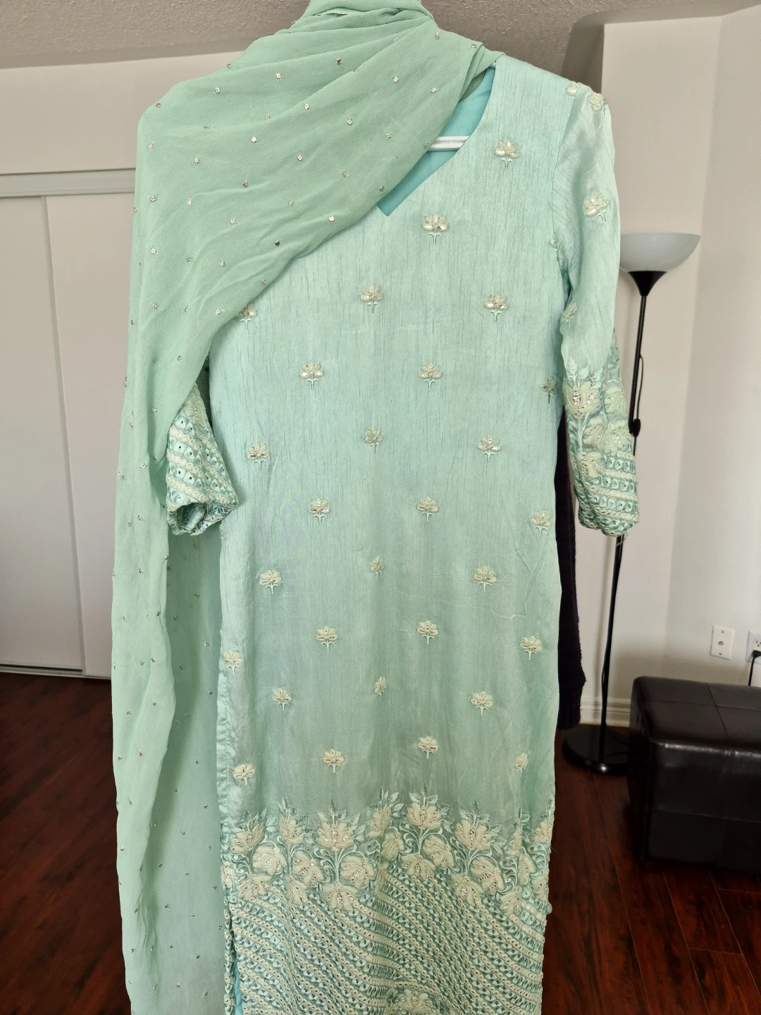 Embroidered Mint Green Kurti with Scarf