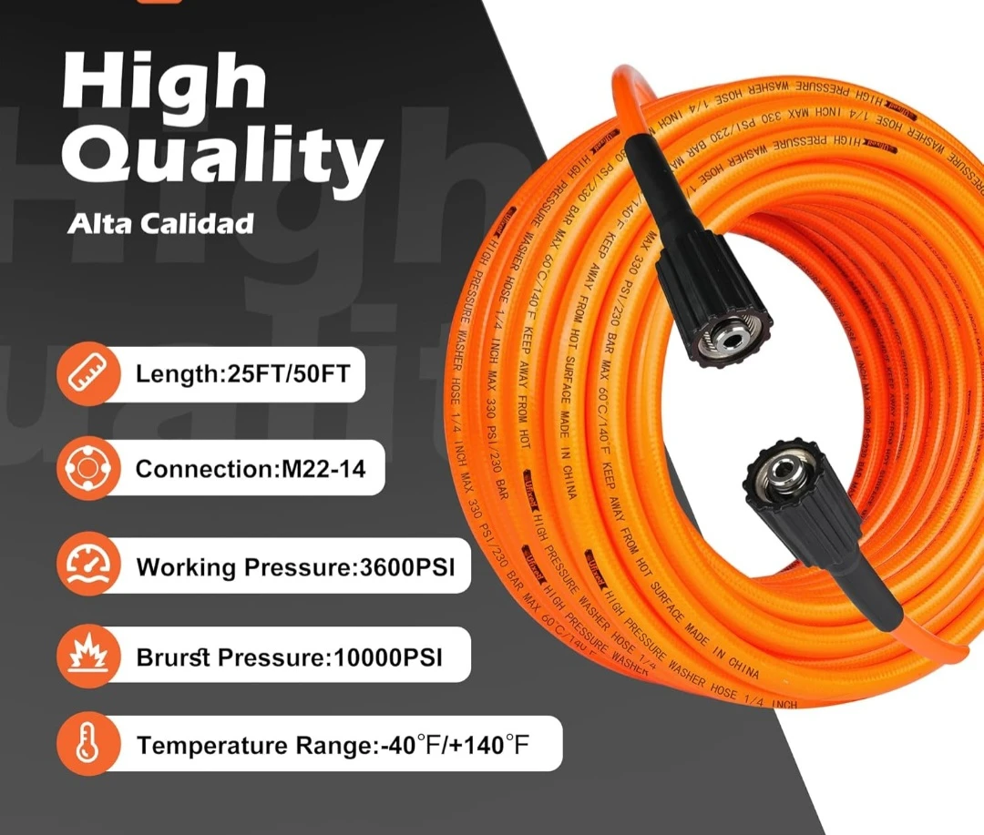 1/4” Pressure Washer Hose 50FT M22-14, 3600psi,Quick Connet,...