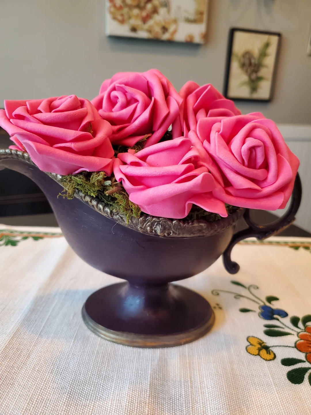 Decorative Purple Vintage Vase with Artificial Pink Roses