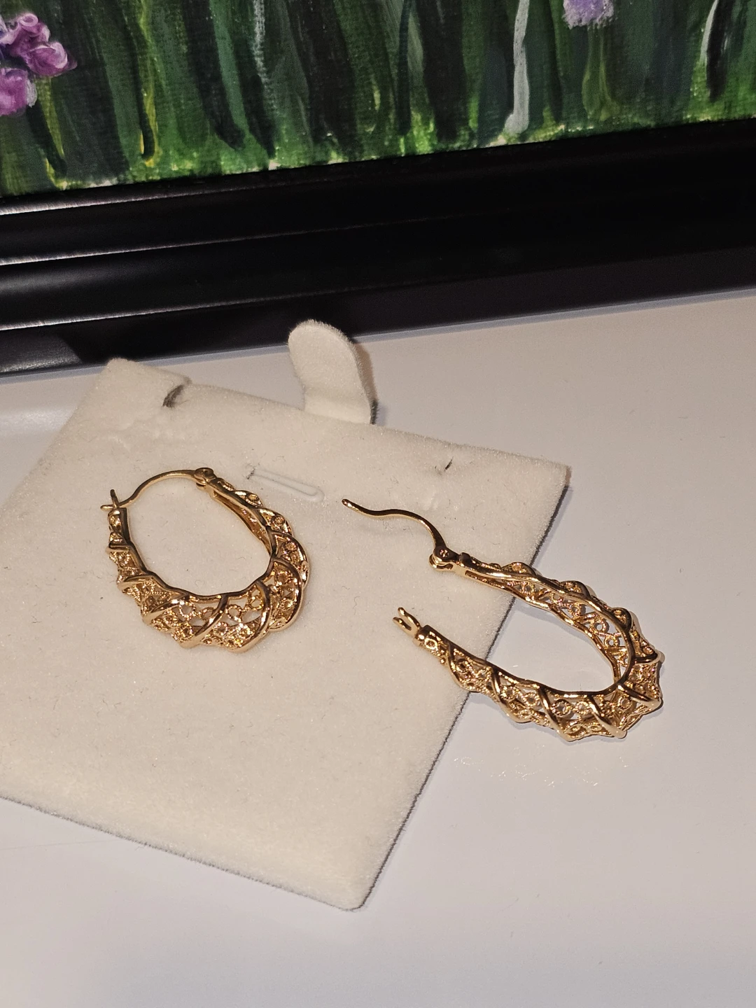 Gold Tone Oval Filigree Hoop Earrings - photo 2
