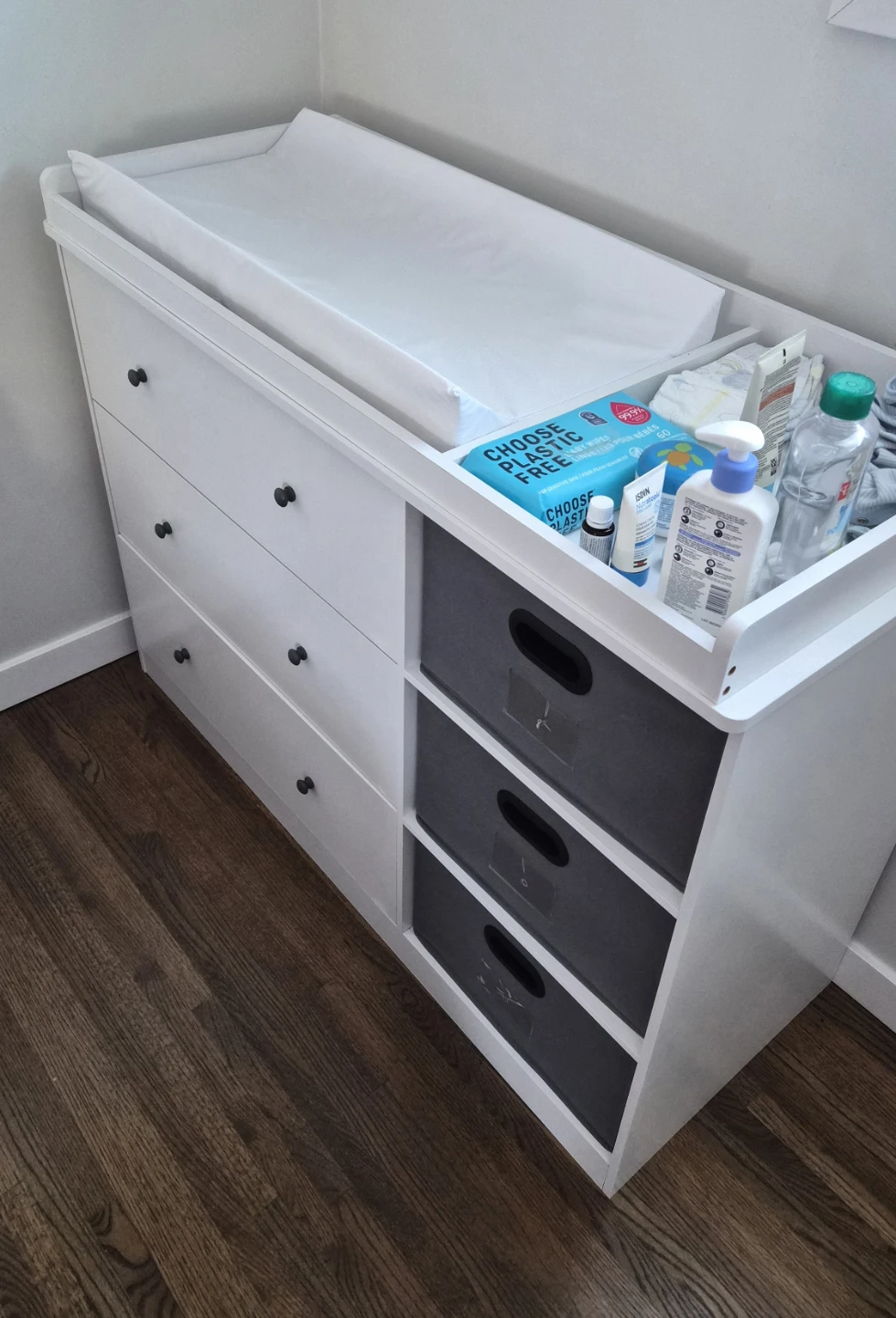 White Changing Table Dresser with Drawers and Bins - photo 2