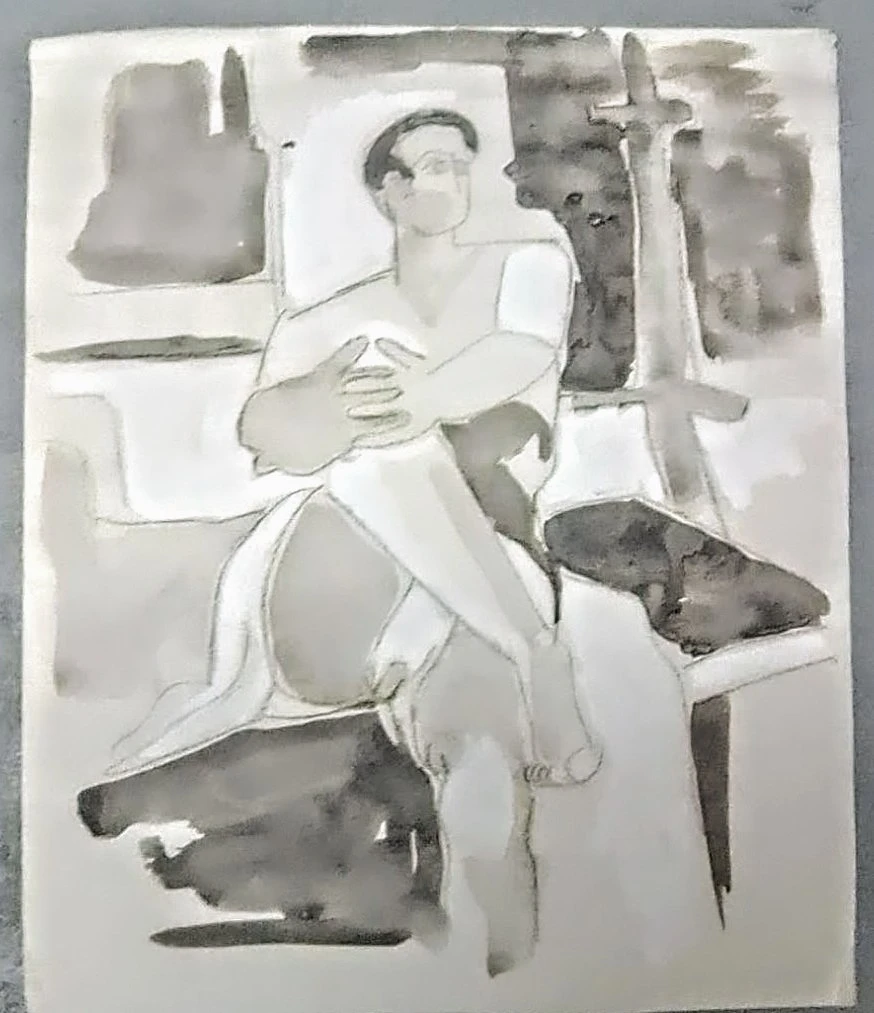 Framed abstract painting of a seated man - photo 4