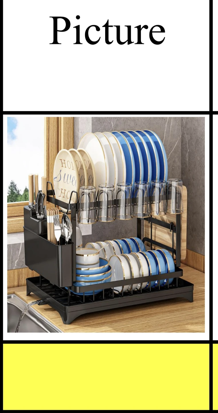 2-Tier Dish Rack with Utensil Holder and Cutting Board Rack