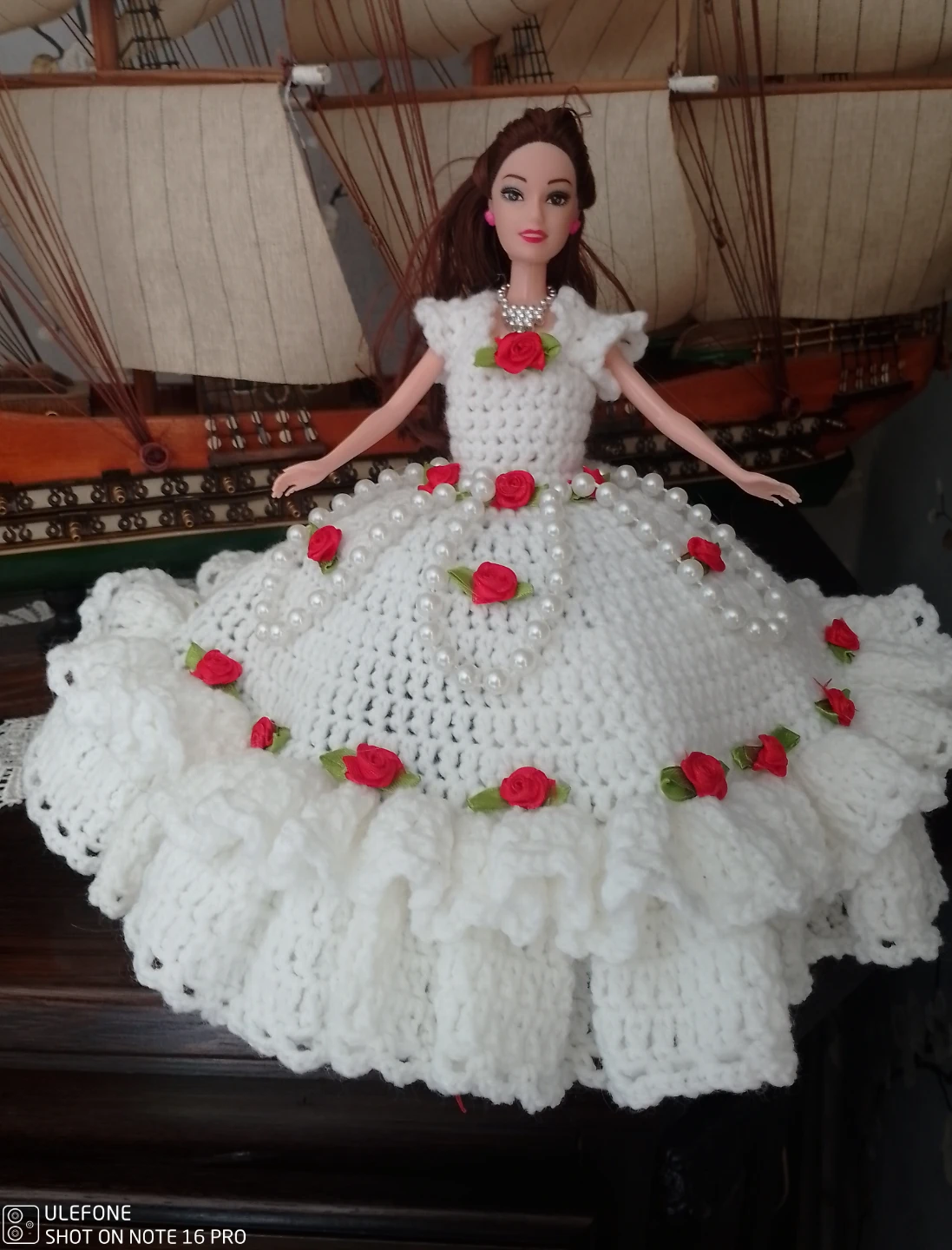 Crochet Doll Dress with Roses and Pearls