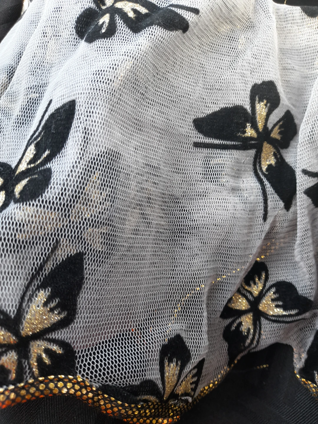 Sheer Black Butterfly Print Scarf with Gold Trim