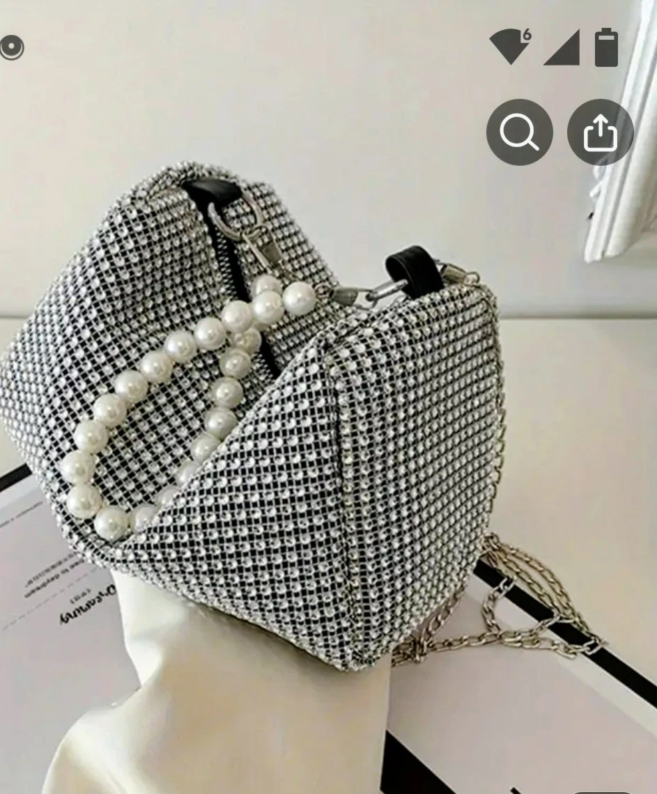 Silver cute Rhinestone bag with pearl handle