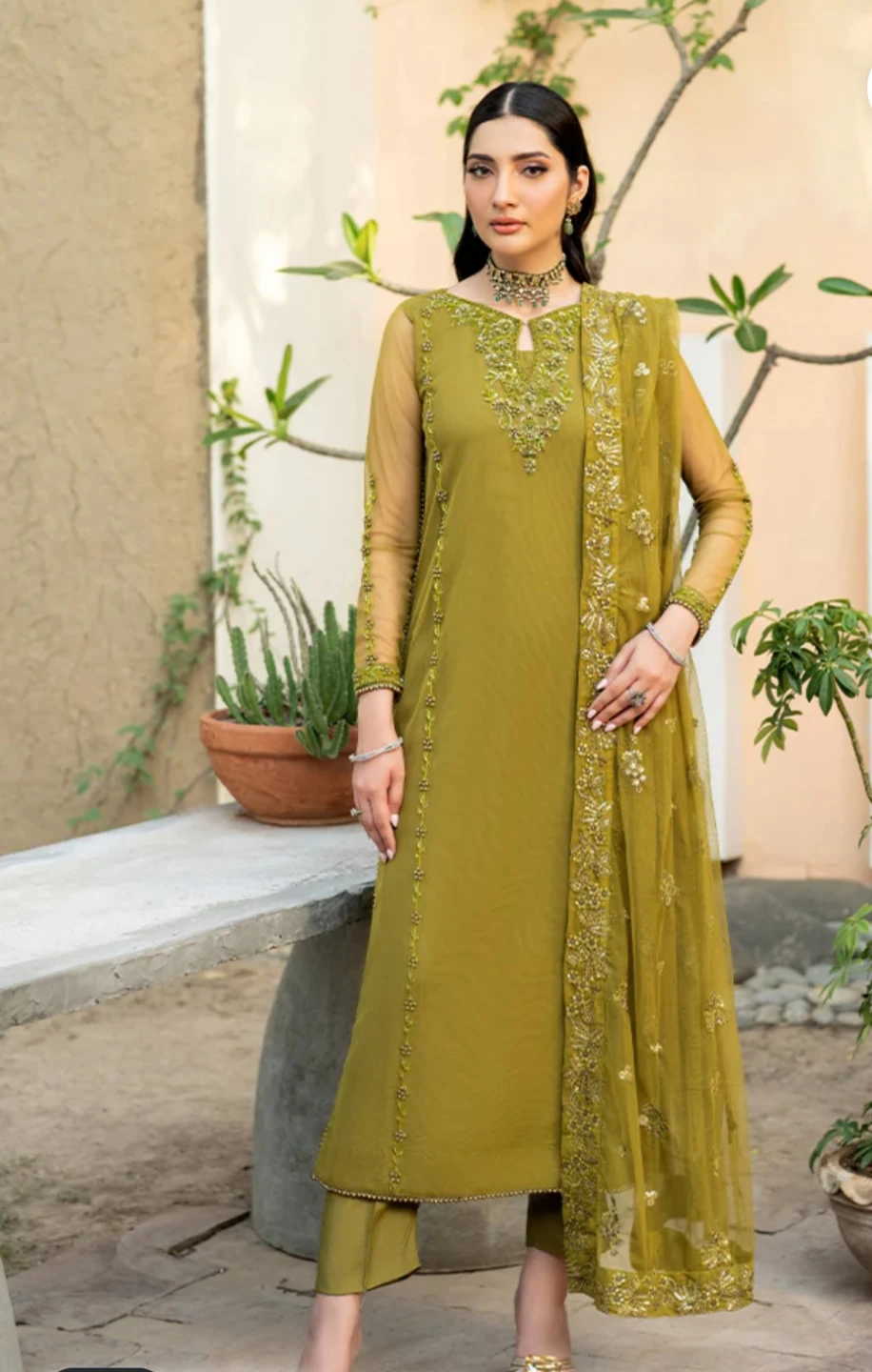 Olive Green Embroidered Kurti with Dupatta and Pants