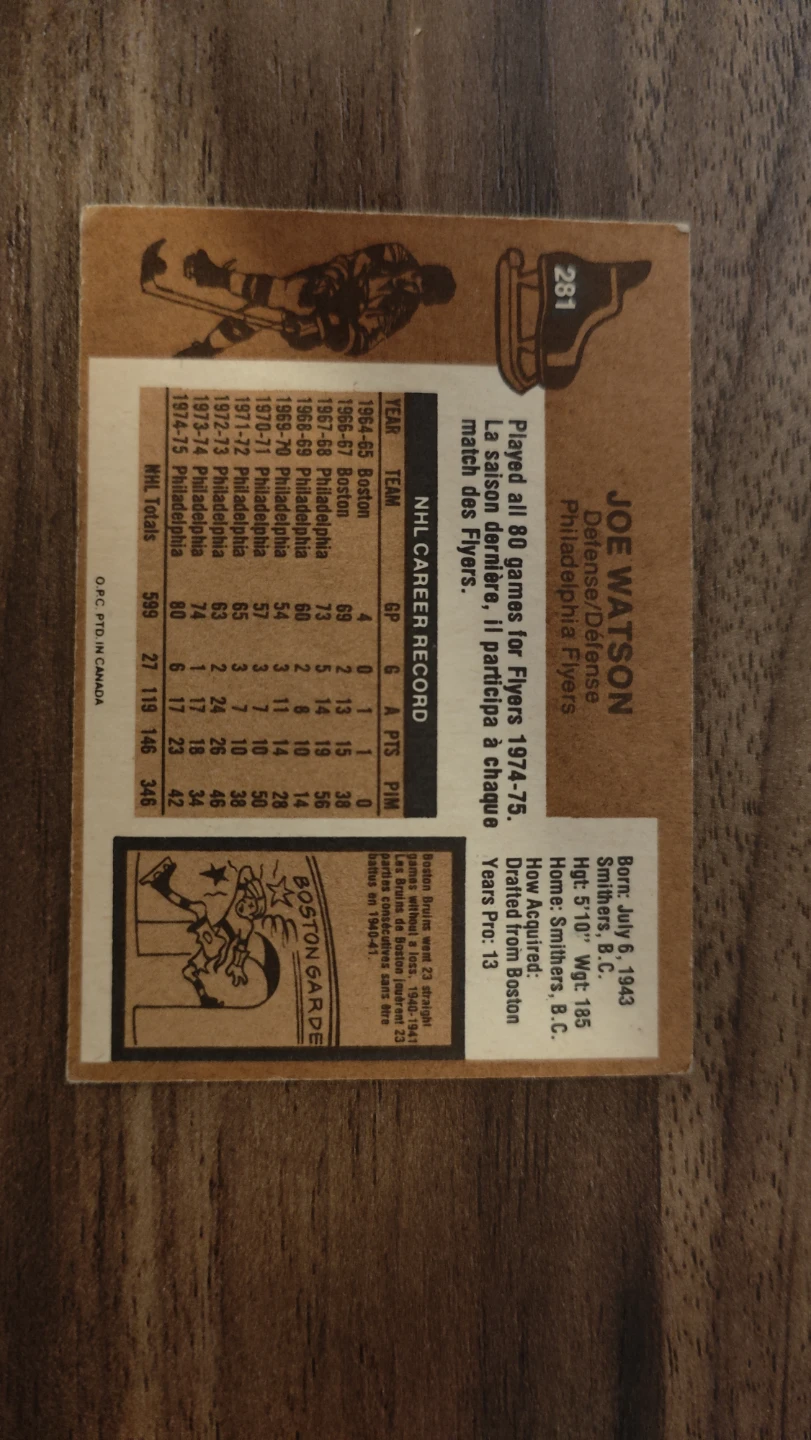 Joe Watson Flyers Hockey Card 1974-75 - photo 2