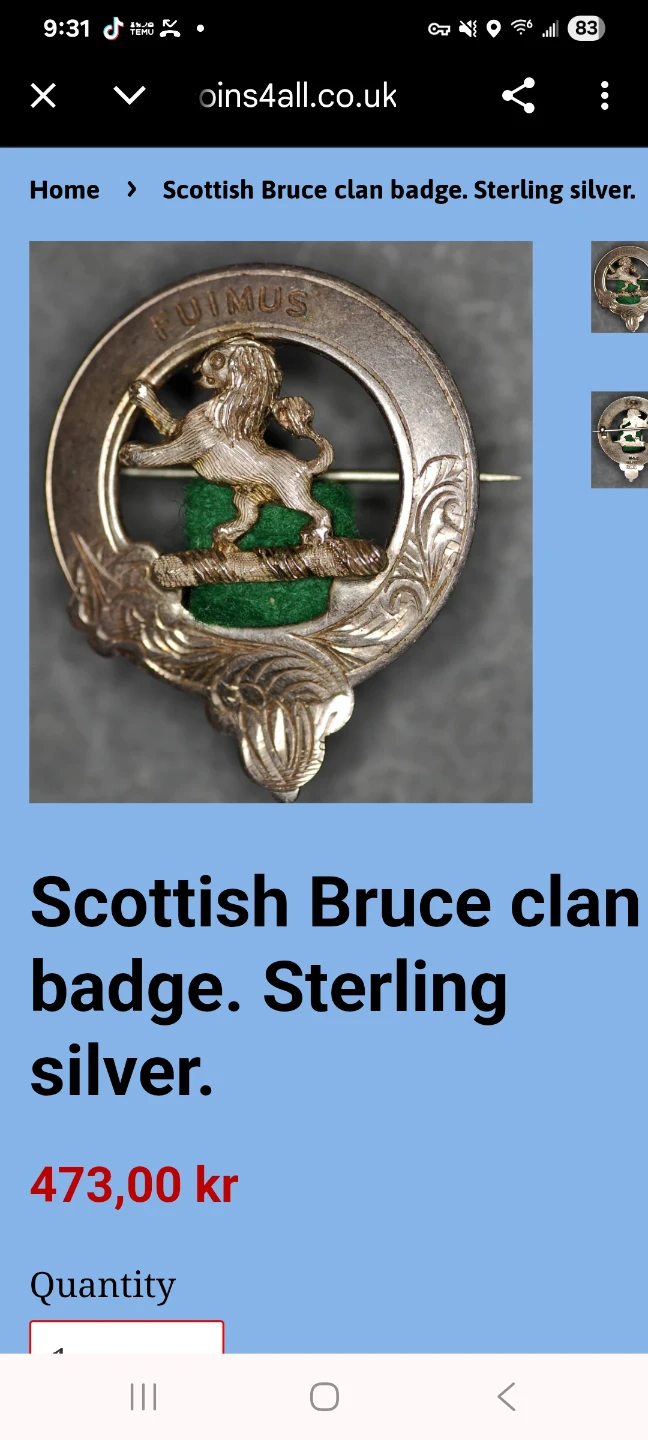 Scottish Bruce clan badge. Sterling silver.