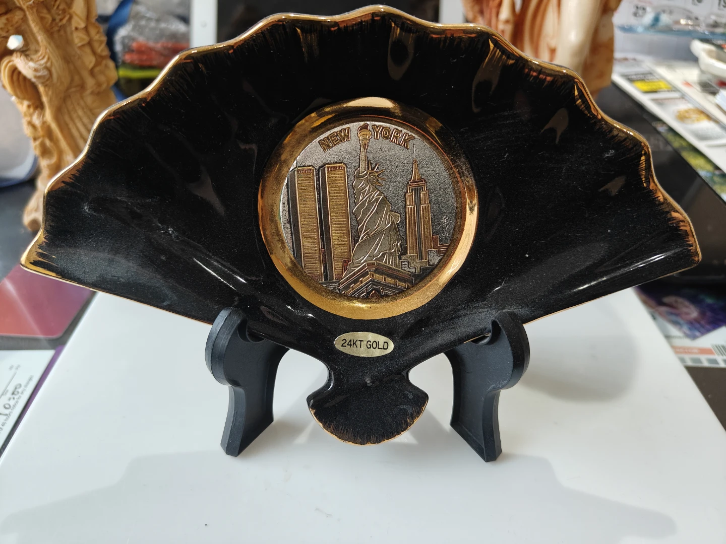 Chokin Art Fan Dish New York Lady Liberty 24K Gold Edged