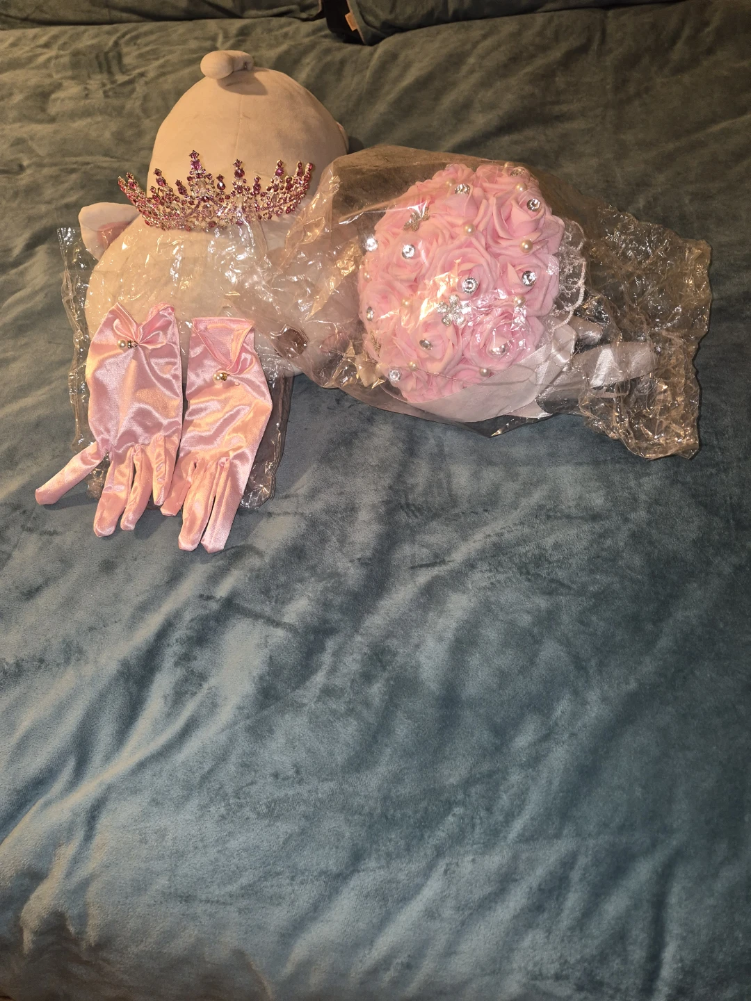 Pink Bridal Bouquet Tiara and Gloves Set