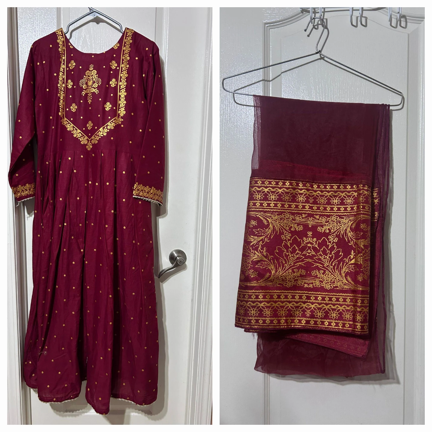 Women's Maroon dress, trouser and Dupatta Set