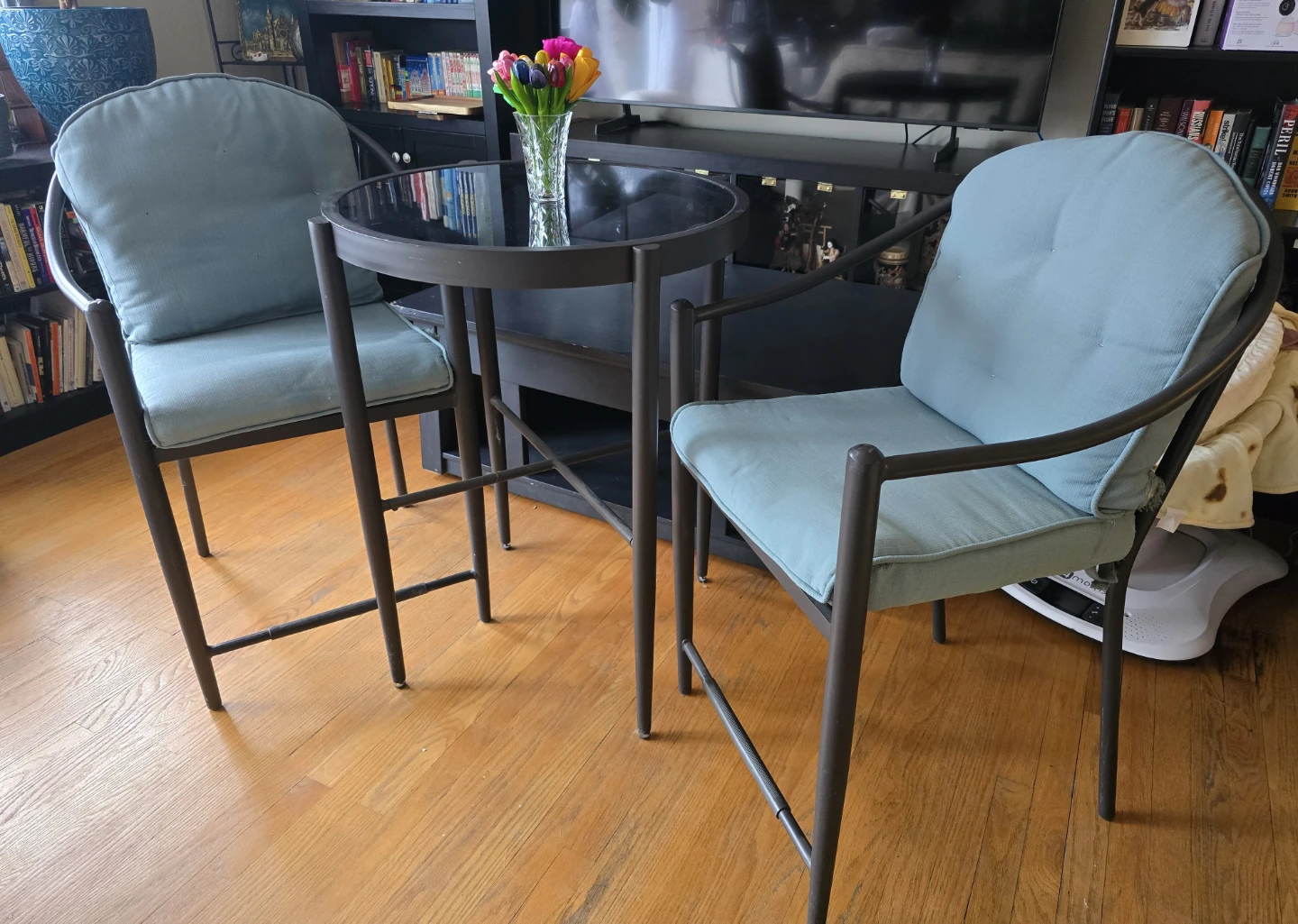Bistro set, 2 iron chairs and 1 table w/glass