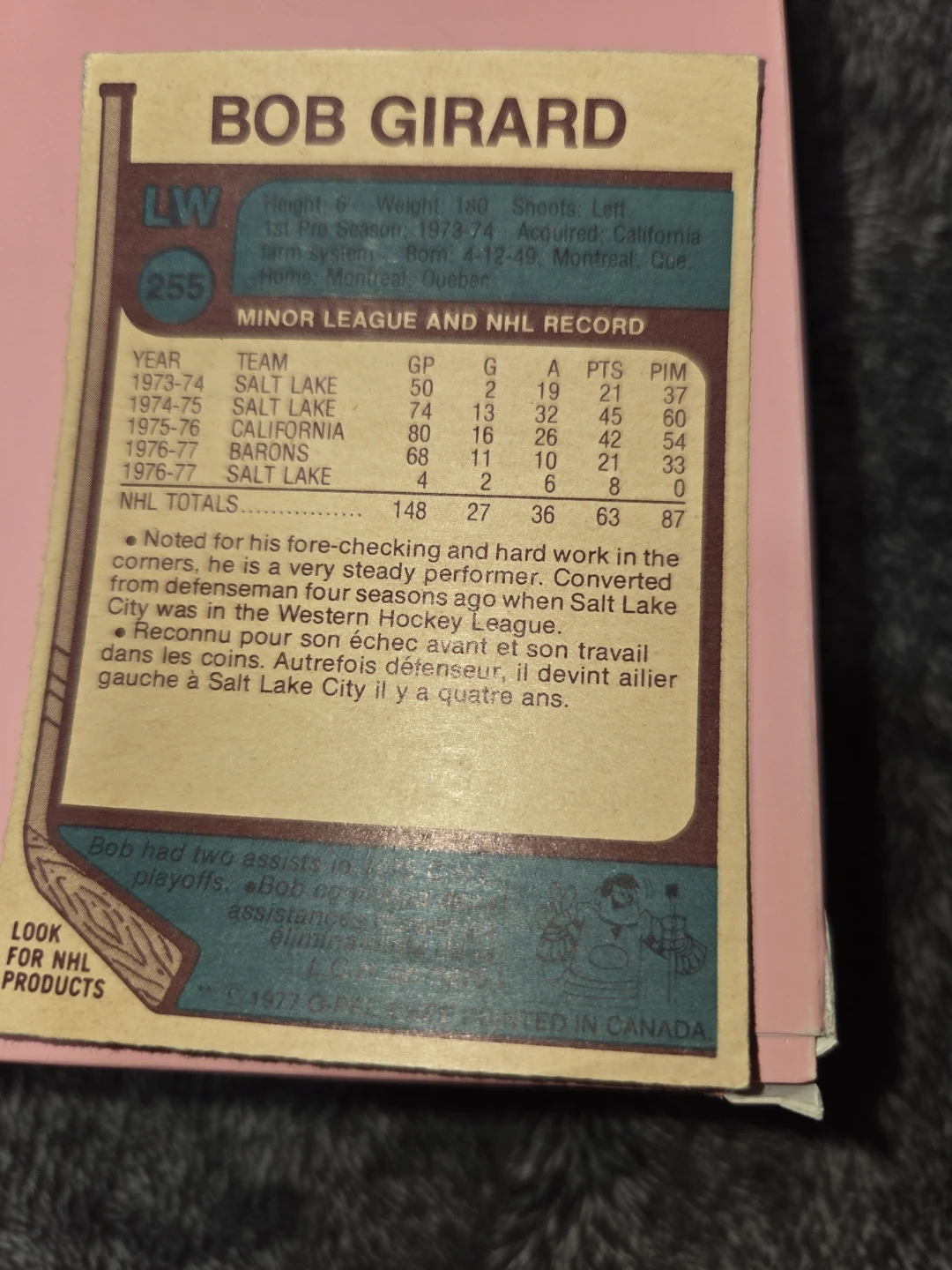 1977-78 O-Pee-Chee Bob Girard Hockey Card - photo 2