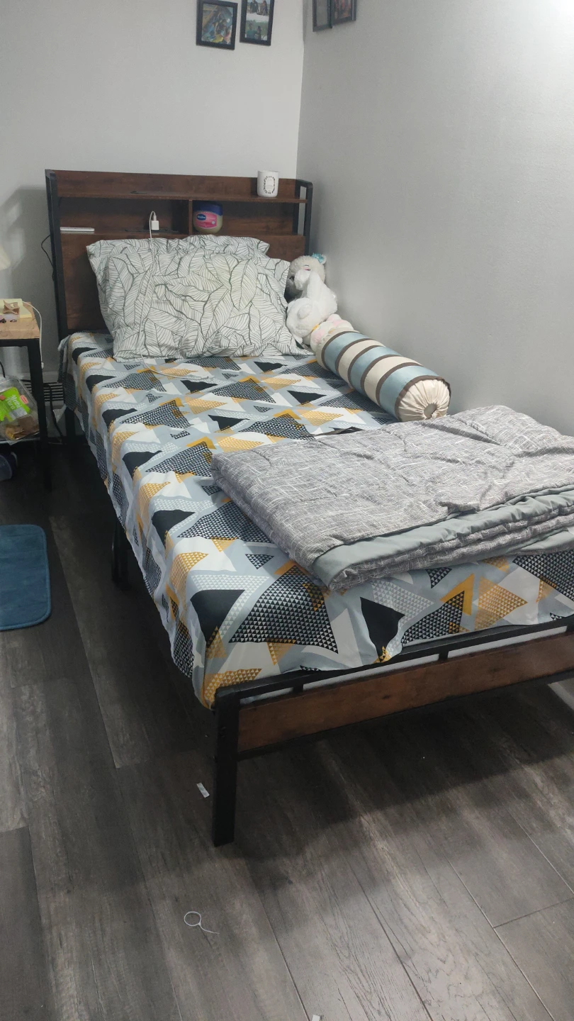 Twin Bed Frame with Headboard Storage and LED Lights