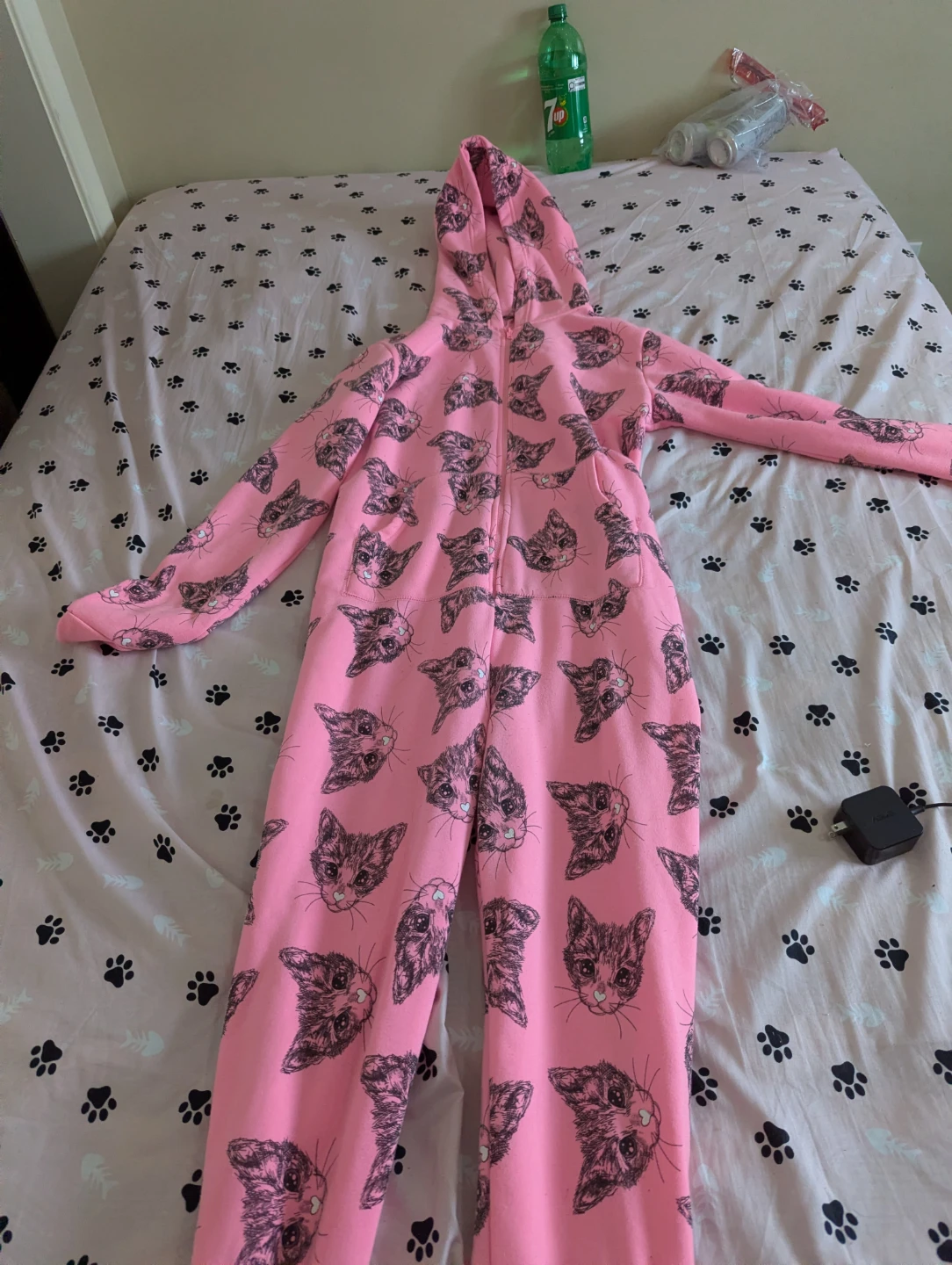 Pink Cat Print Pajama Onesie - Size L/G