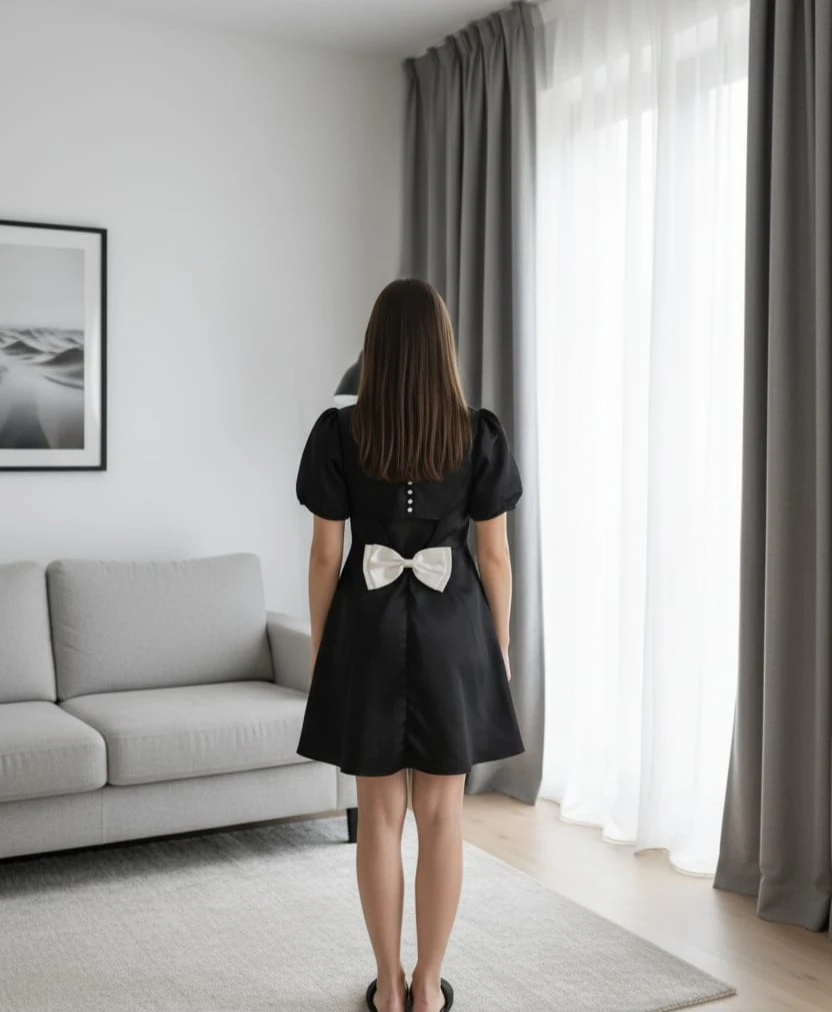 Vestido negro con botones y moño blanco parte trasera - photo 2