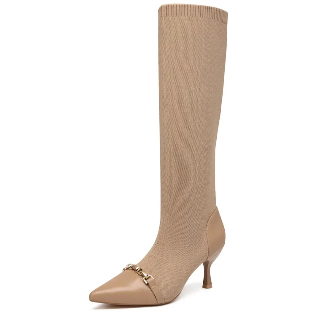 NEWBELLA Women's Beige High Knee Boots