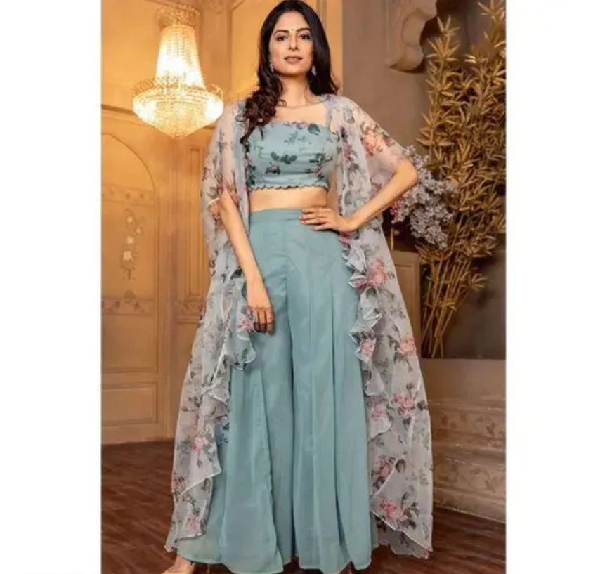 Floral Print Crop Top and Palazzo Pants with Sheer Cape - photo 3