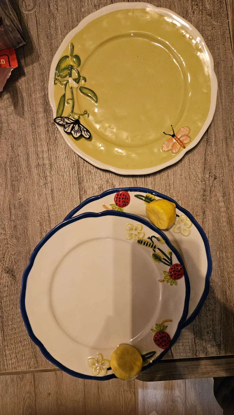 Anthropologie Ceramic Plates Set - Fruit & Butterfly Design