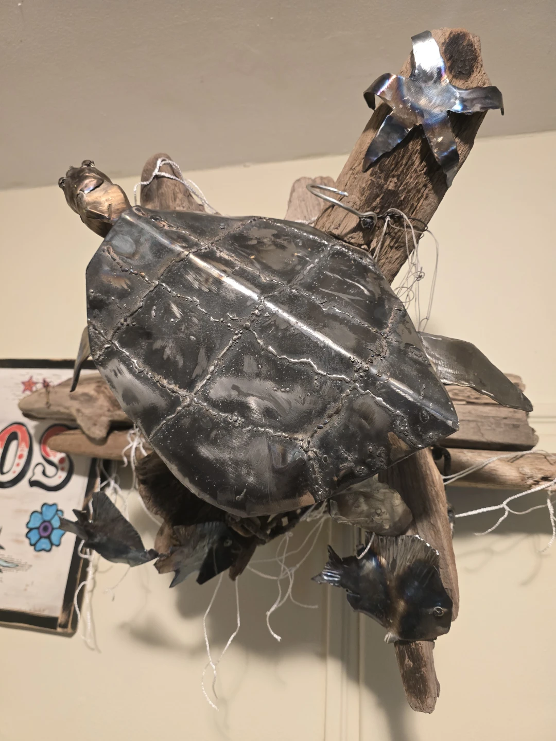 Metal Turtle and Fish Sculpture on Driftwood - photo 2