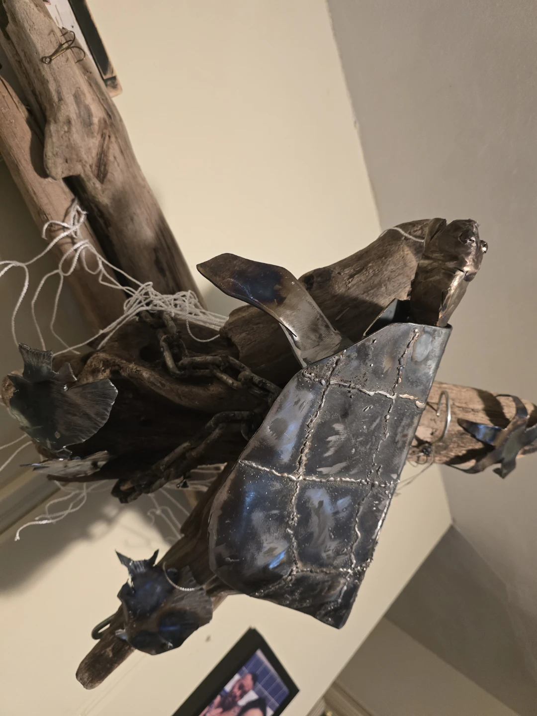Metal Turtle and Fish Sculpture on Driftwood - photo 3