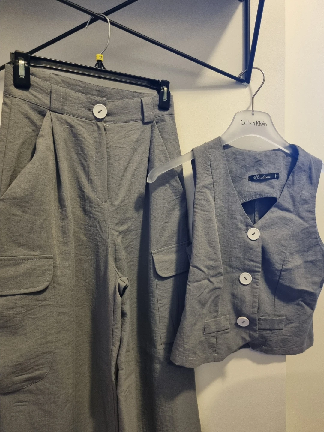 Grey Linen Blend Wide Leg Pants and Vest Set