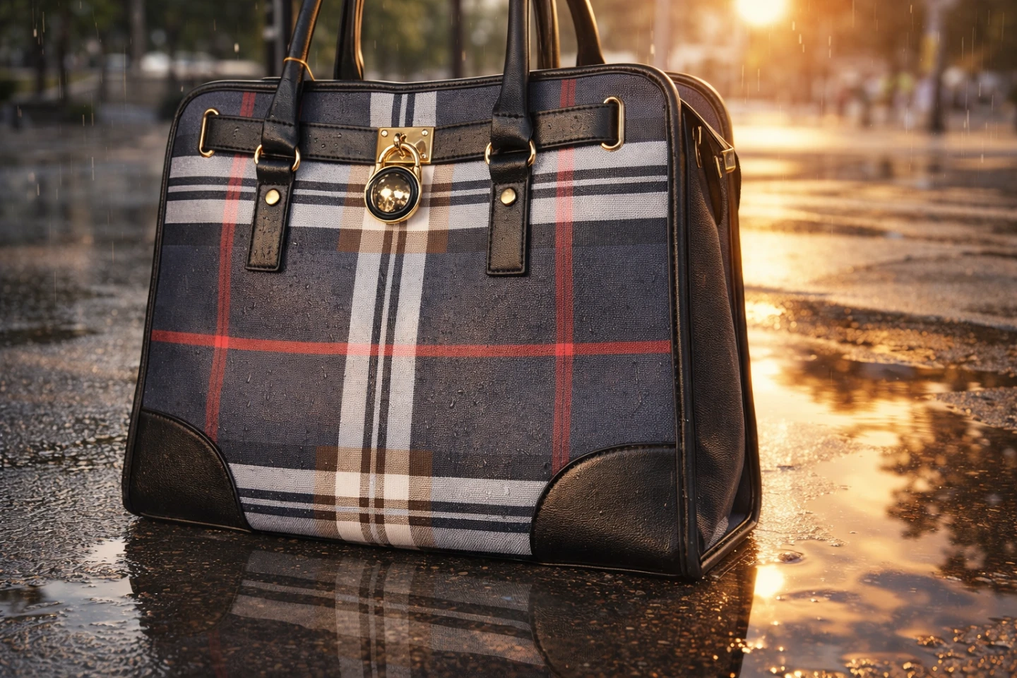 Plaid Tote Bag with Gold Lock Detail