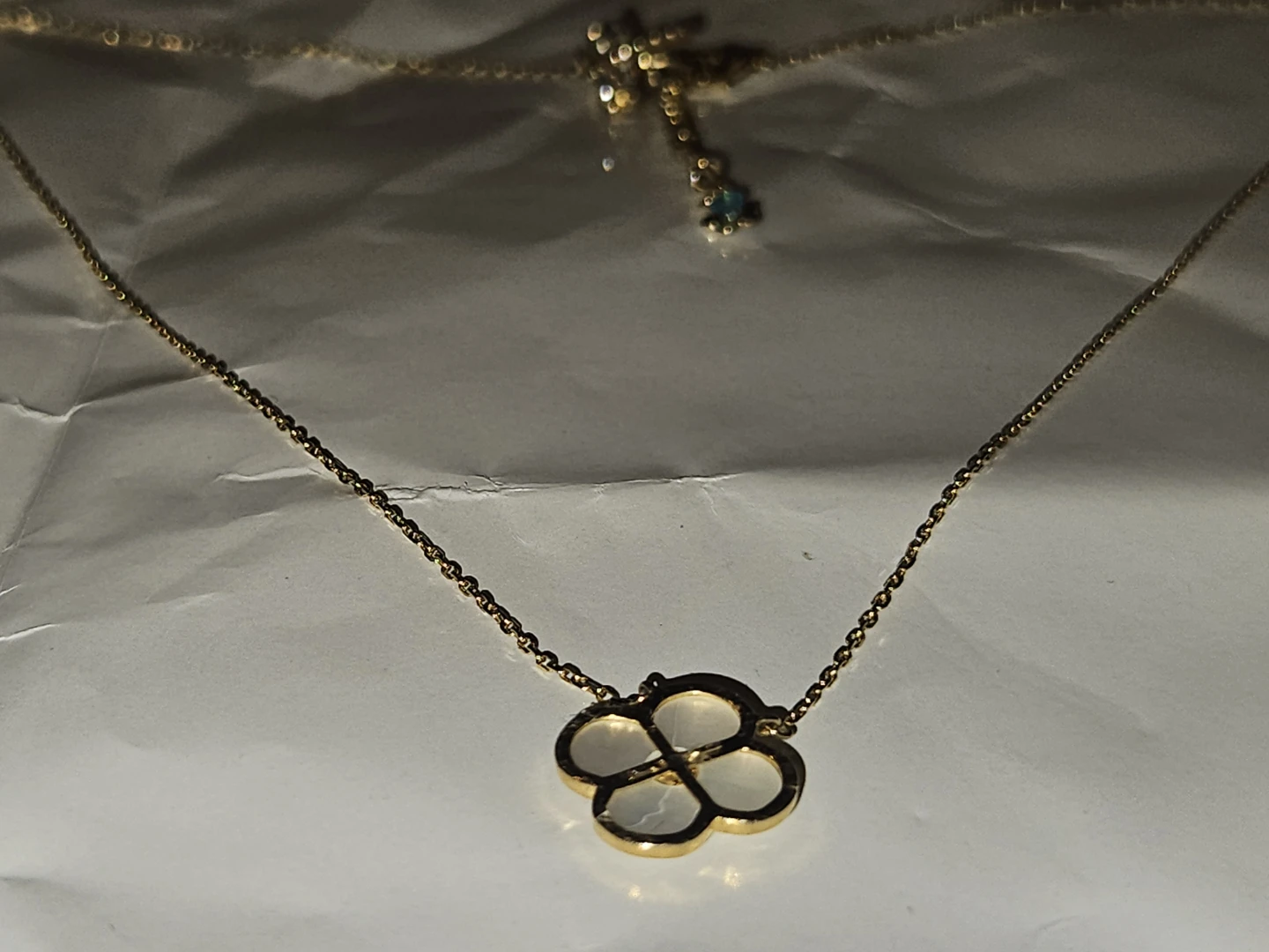 Gold Clover Necklace with Mother of Pearl and Crystals - photo 2