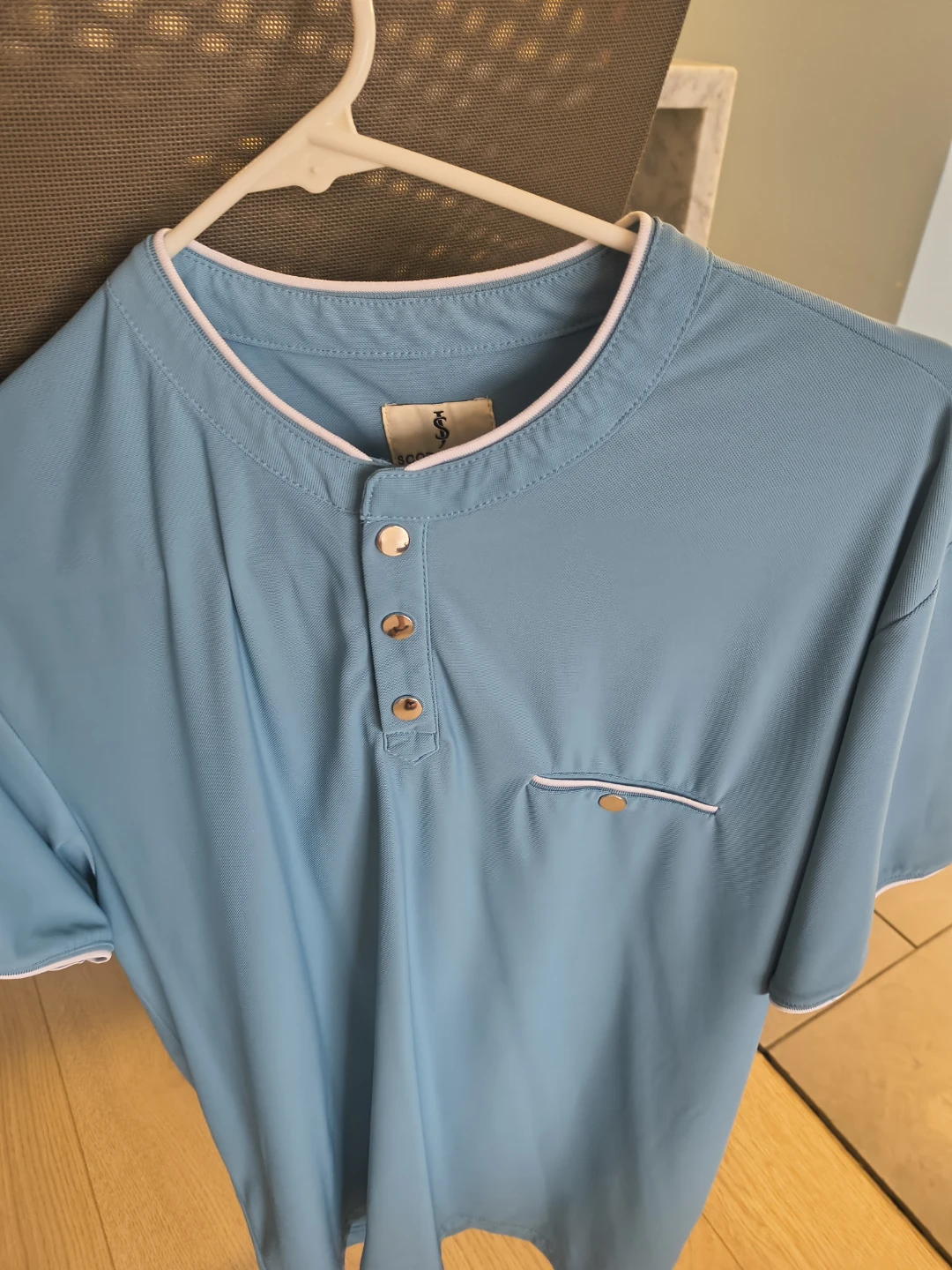 Light Blue Henley Style Shirt with White Trim