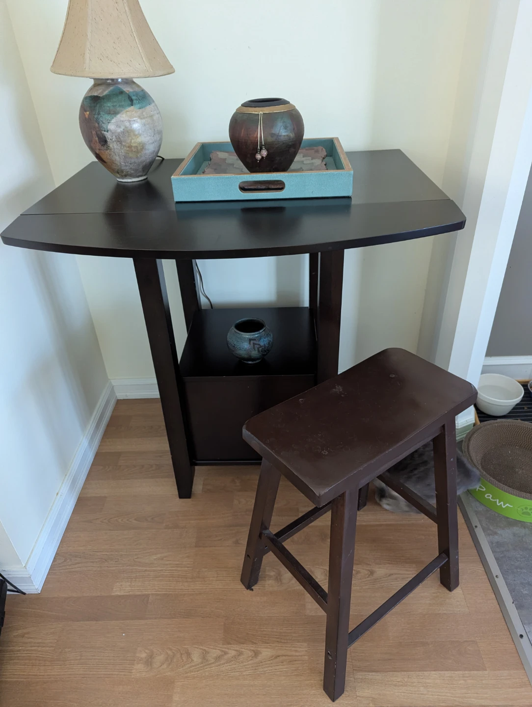 Dark Brown Drop Leaf Table with Stool