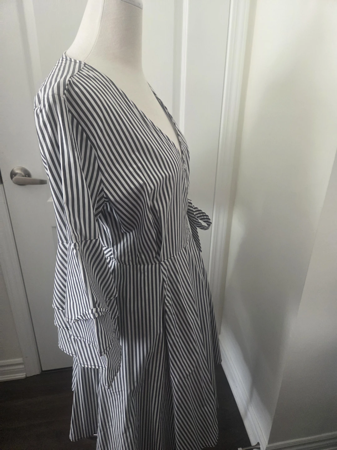 Striped Ruffle Sleeve Wrap Dress
