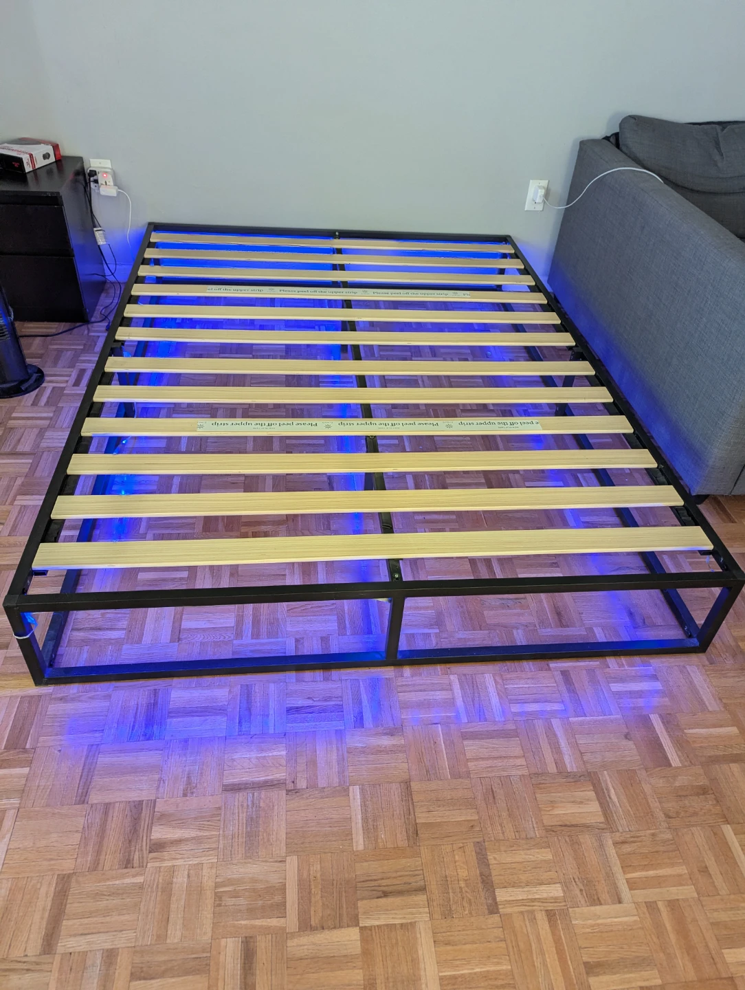 Modern Metal Bed Frame with Wooden Slats + LED Lights