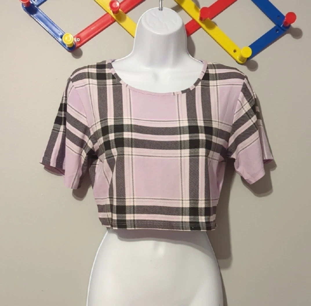 Weekend Edition Pink Plaid Cropped T-Shirt