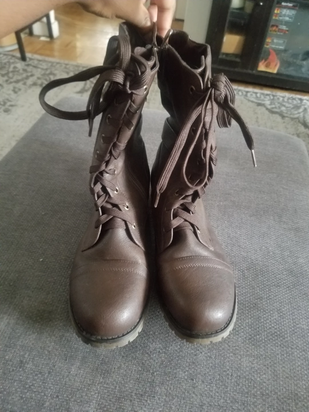 Brown Faux Leather Combat Boots Size 8.5