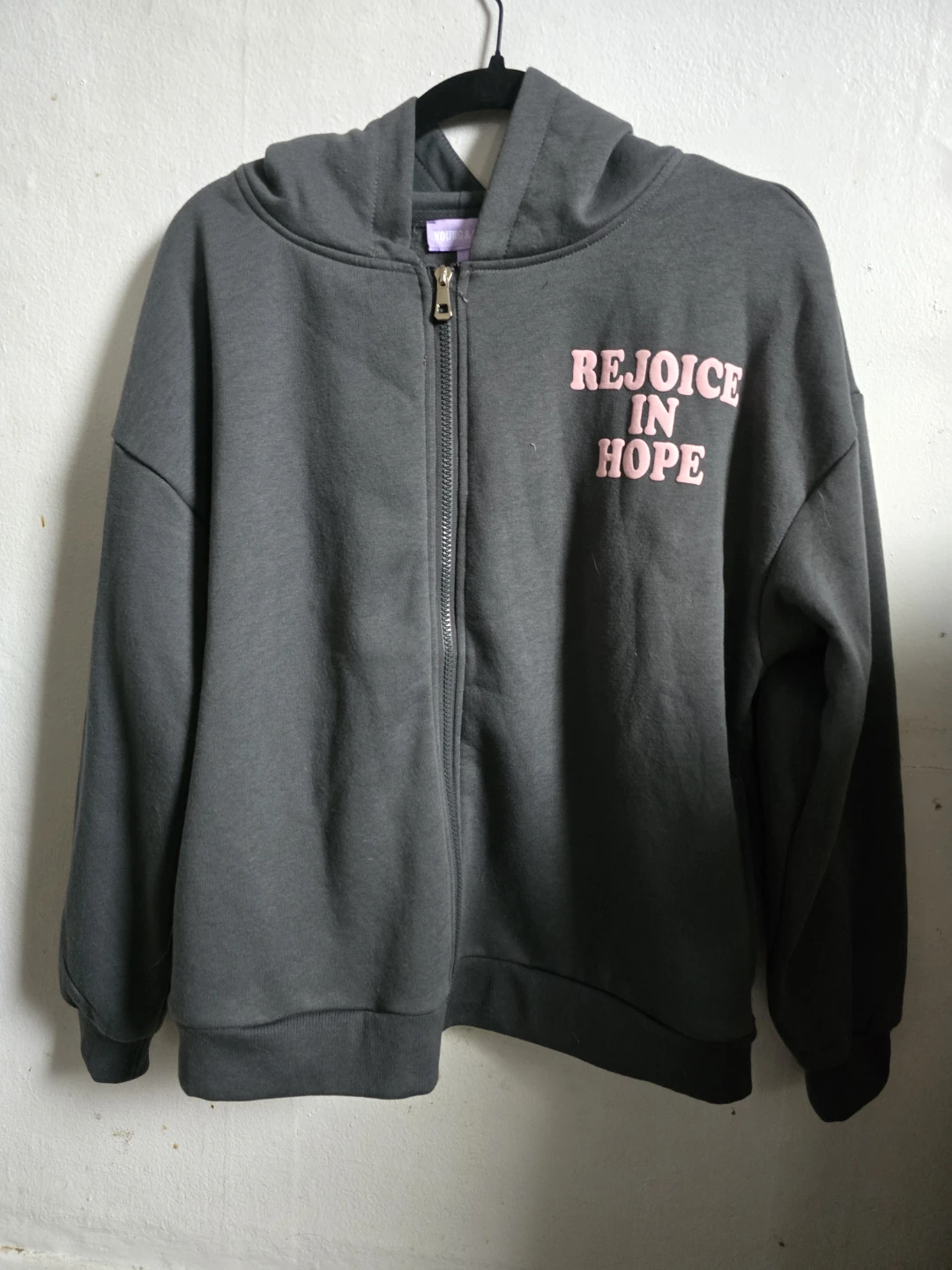 Hoodie with "Rejoice in Hope" Bible verse on back Size L