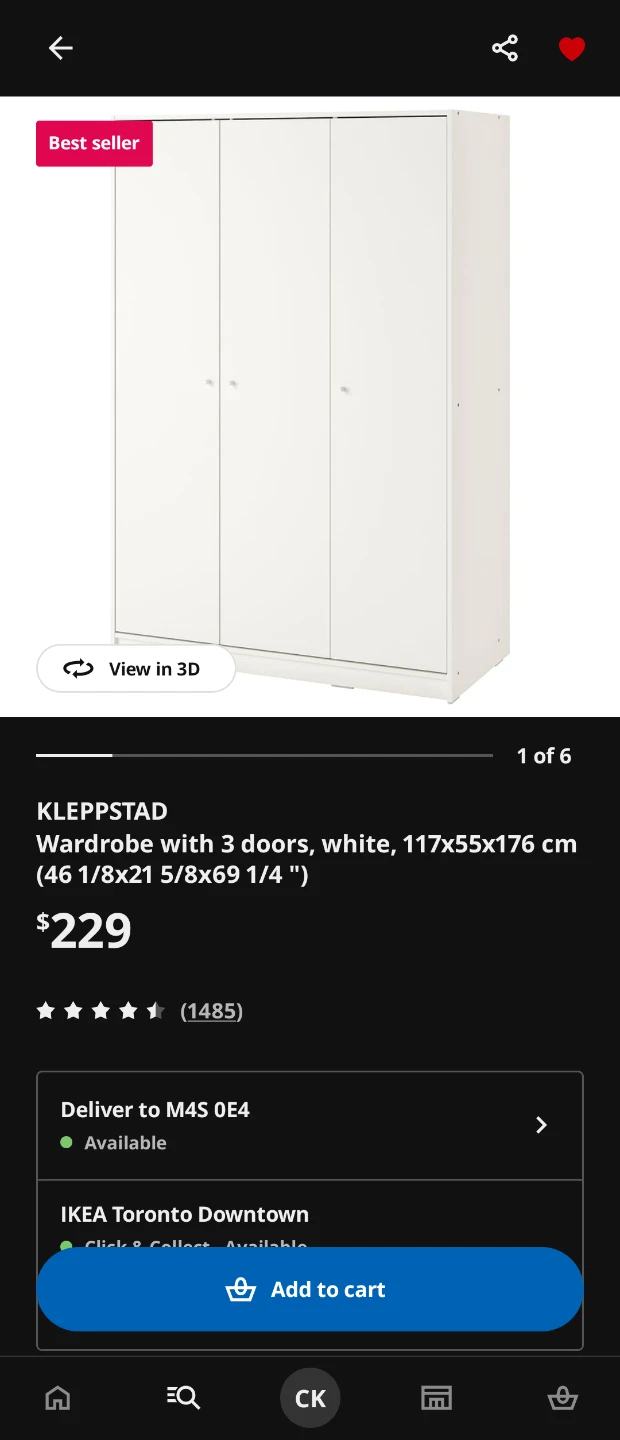 IKEA KLEPPSTAD Wardrobe 3 doors, white, 117x55x176 cm