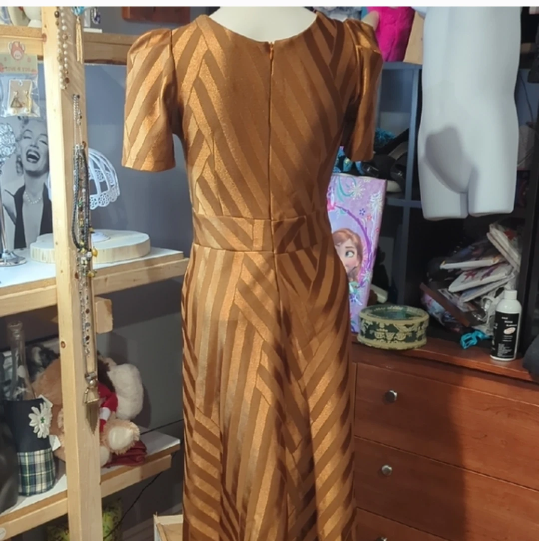 Vintage Gold Striped Mesh Neckline Dress - photo 5