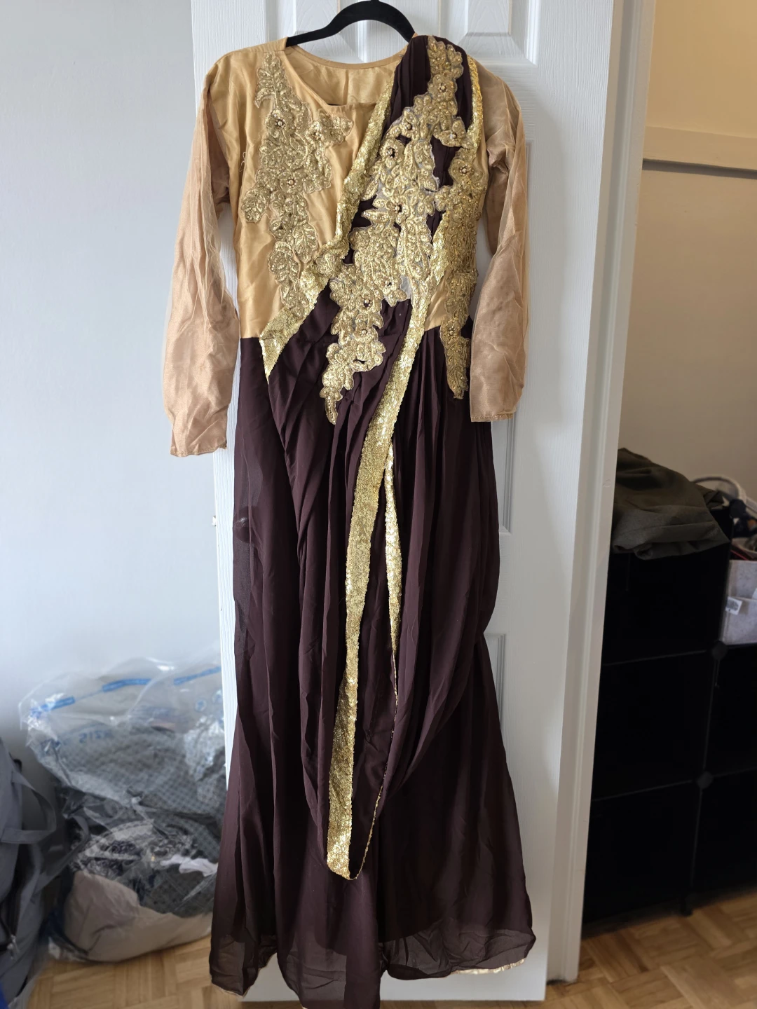 Women's Gold and Brown Embroidered fixed sareee