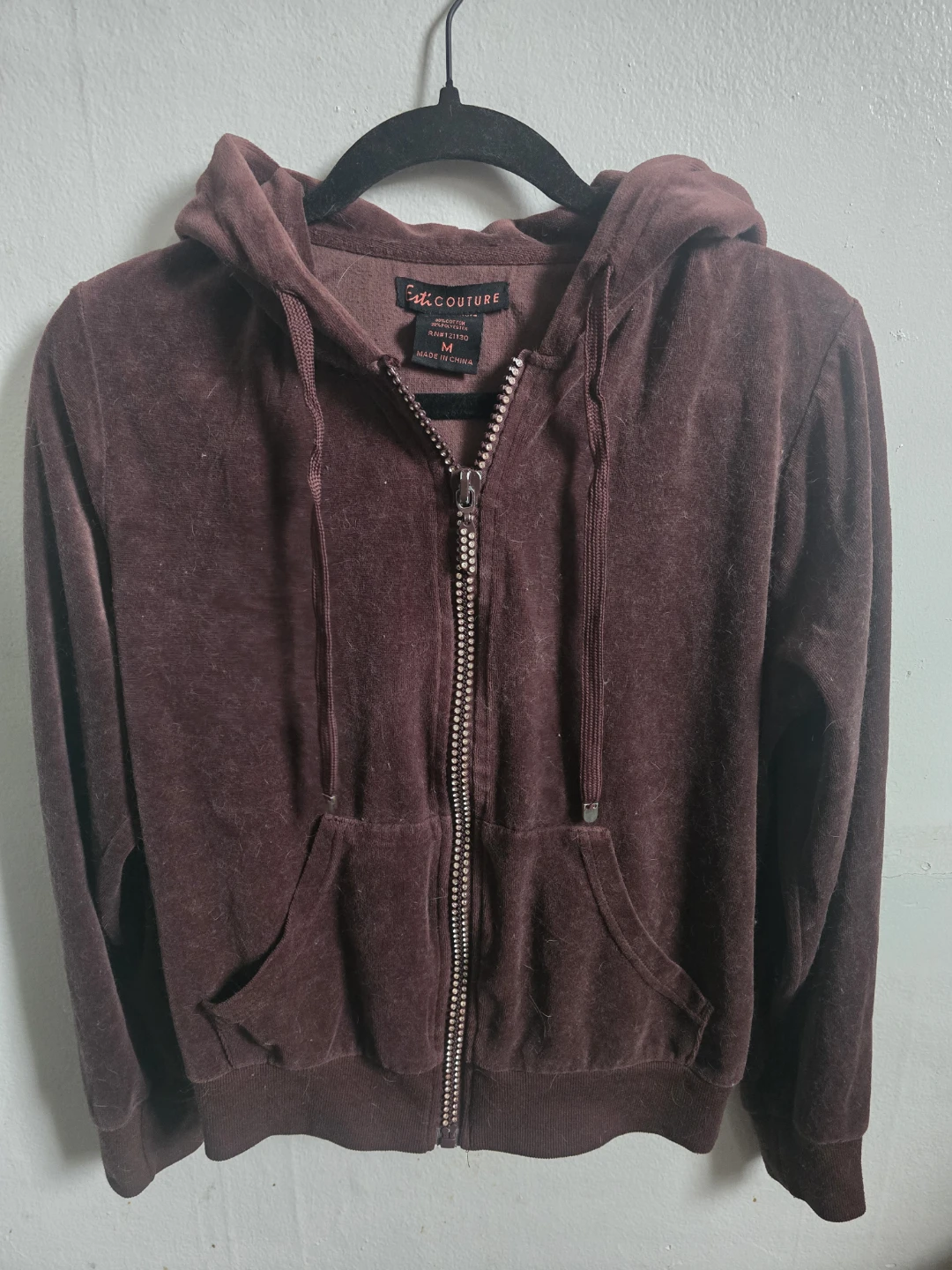 Esti Couture Velour Zip-Up Hoodie - Chocolate Brown - Size M - photo 2