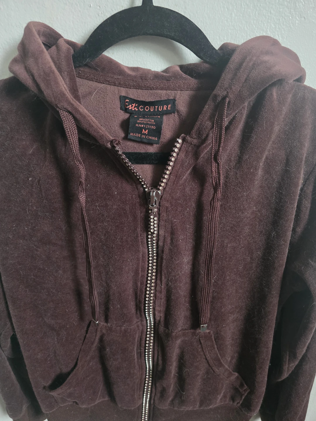 Esti Couture Velour Zip-Up Hoodie - Chocolate Brown - Size M - photo 3