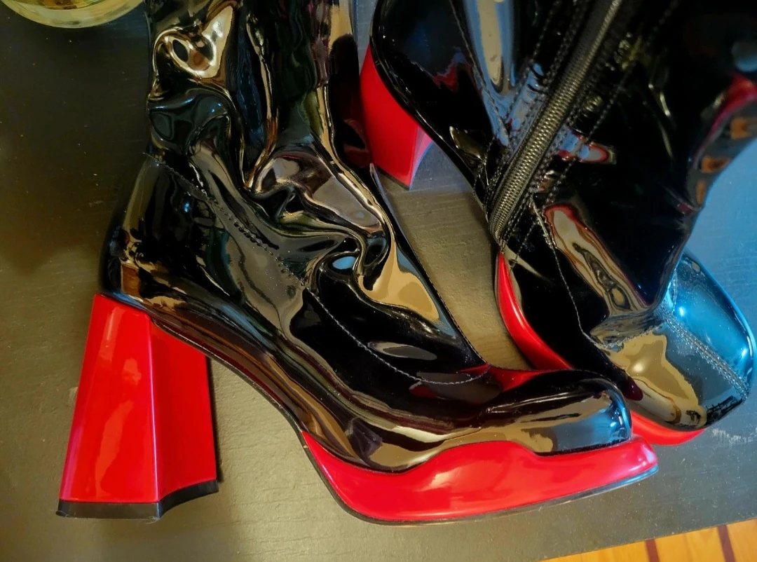 Black Patent Chunky Heel Boots